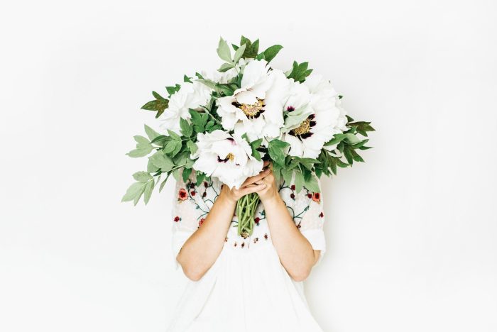 Young,Pretty,Woman,Hold,White,Peony,Flowers,Bouquet,On,White